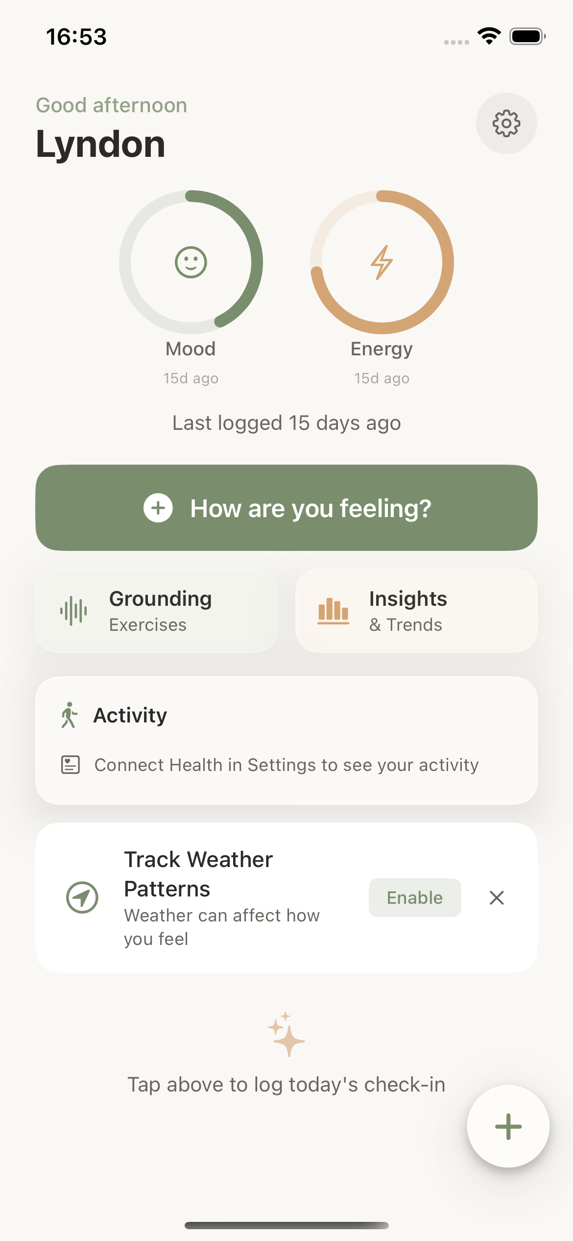 GroundedMe dashboard with mood and energy rings